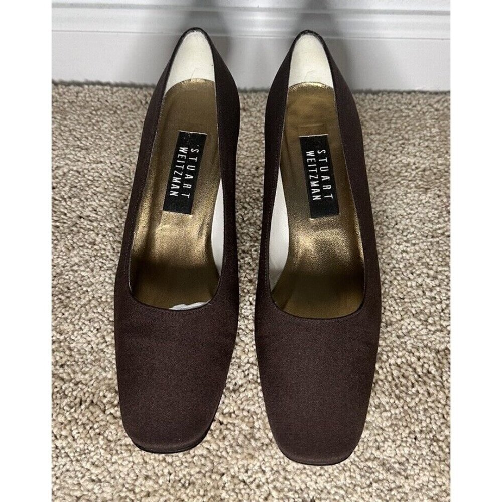 Stuart Weitzman‎ Choc Brown Fabric Round Square Toe Curved Block Heel Pumps. 7M